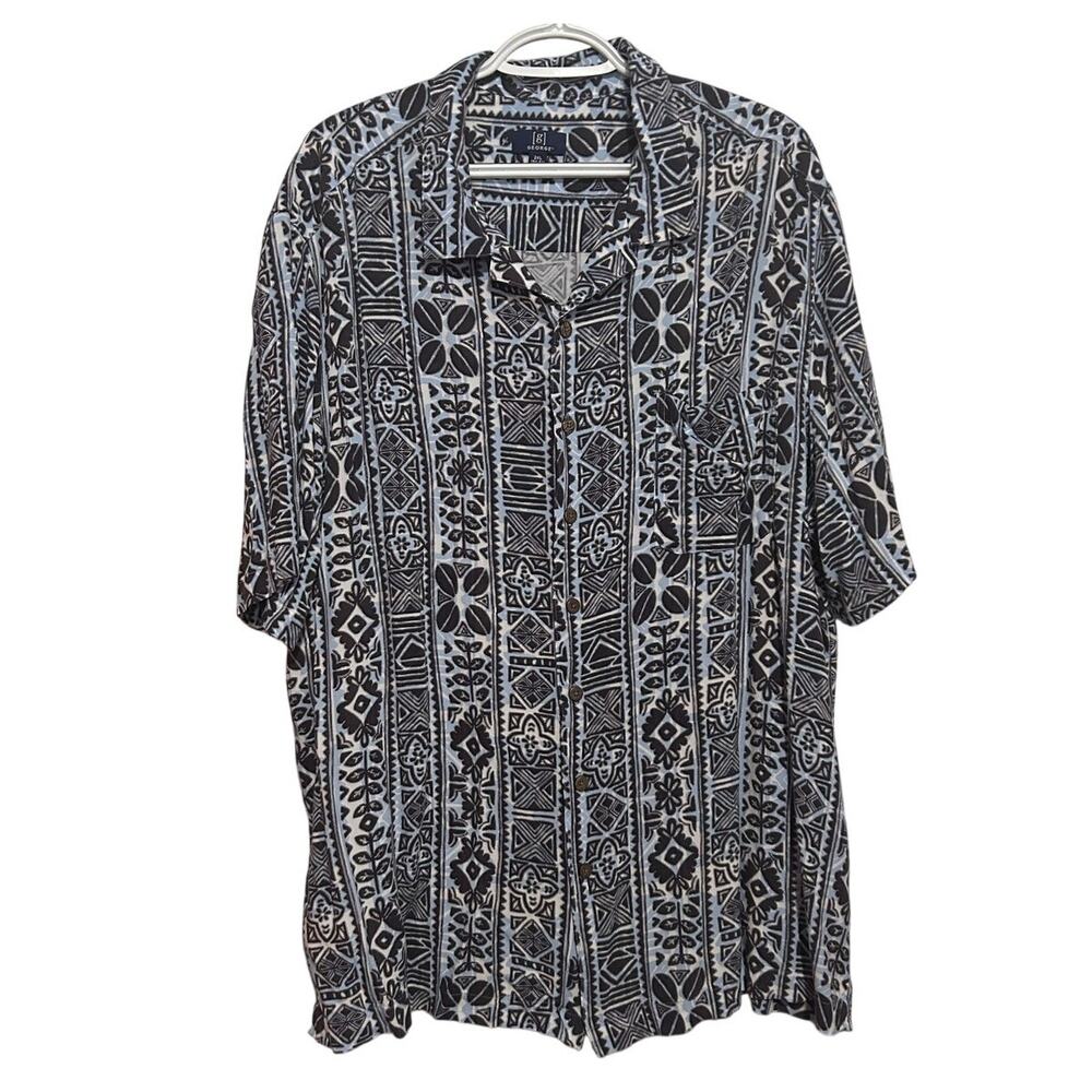 George Mens Light Blue Black White Printed Short Sleeve Button Up Shirt Size 2XL